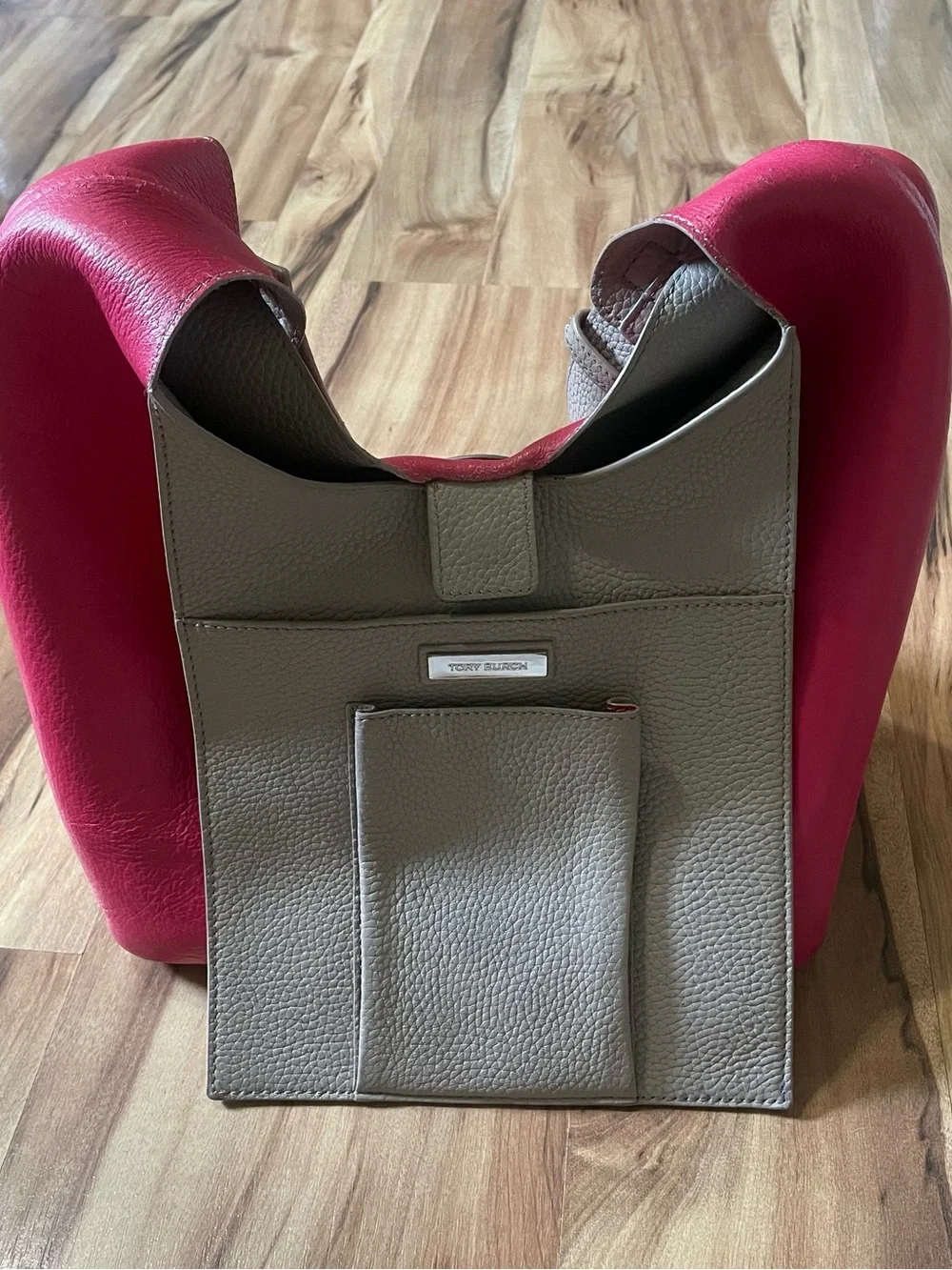 Tory Burch Perry Reversible Hobo Bag French Gray Pink Pebbled Leather